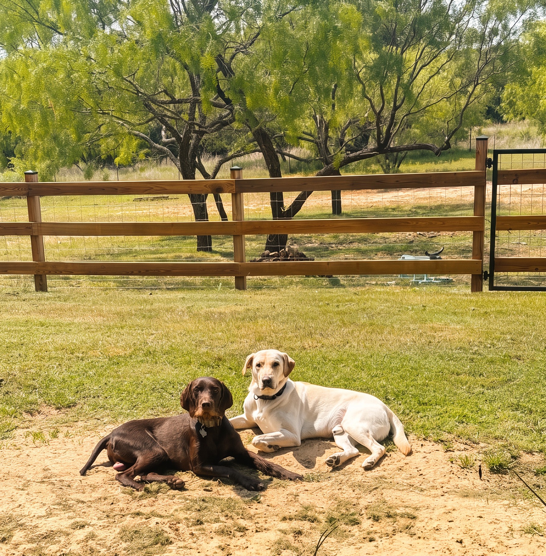 The ranch dogs resting in the yard at Flying Spur Ranch