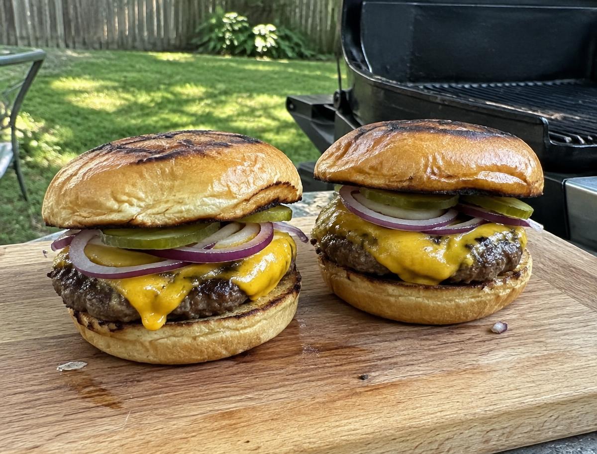 Two ranch cheeseburgers by the grill