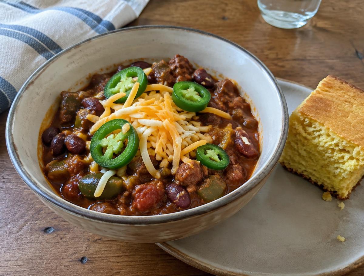 Bowl of beef chili with jalapeños and cornbread
