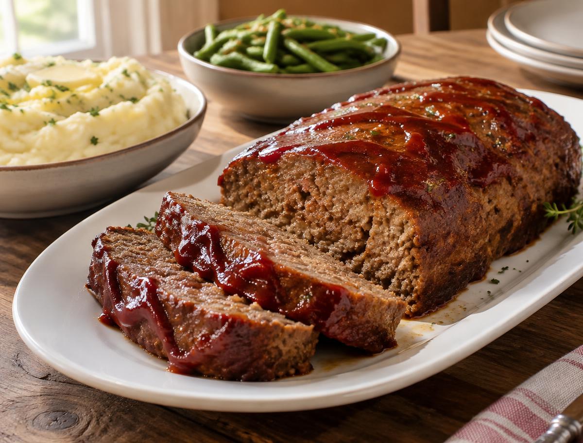Glazed meatloaf sliced in a baking dish