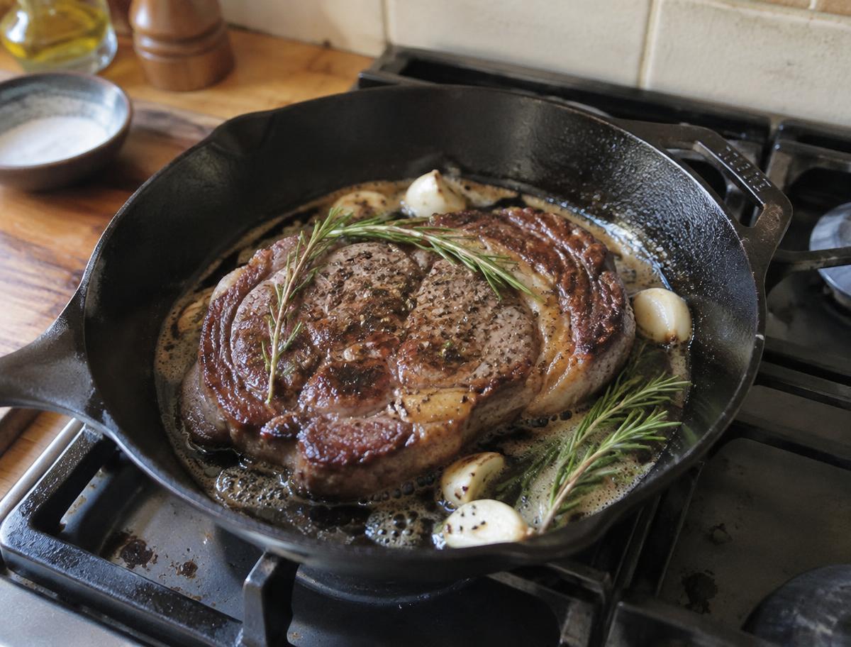 Cast-iron ribeye with butter, garlic and rosemary