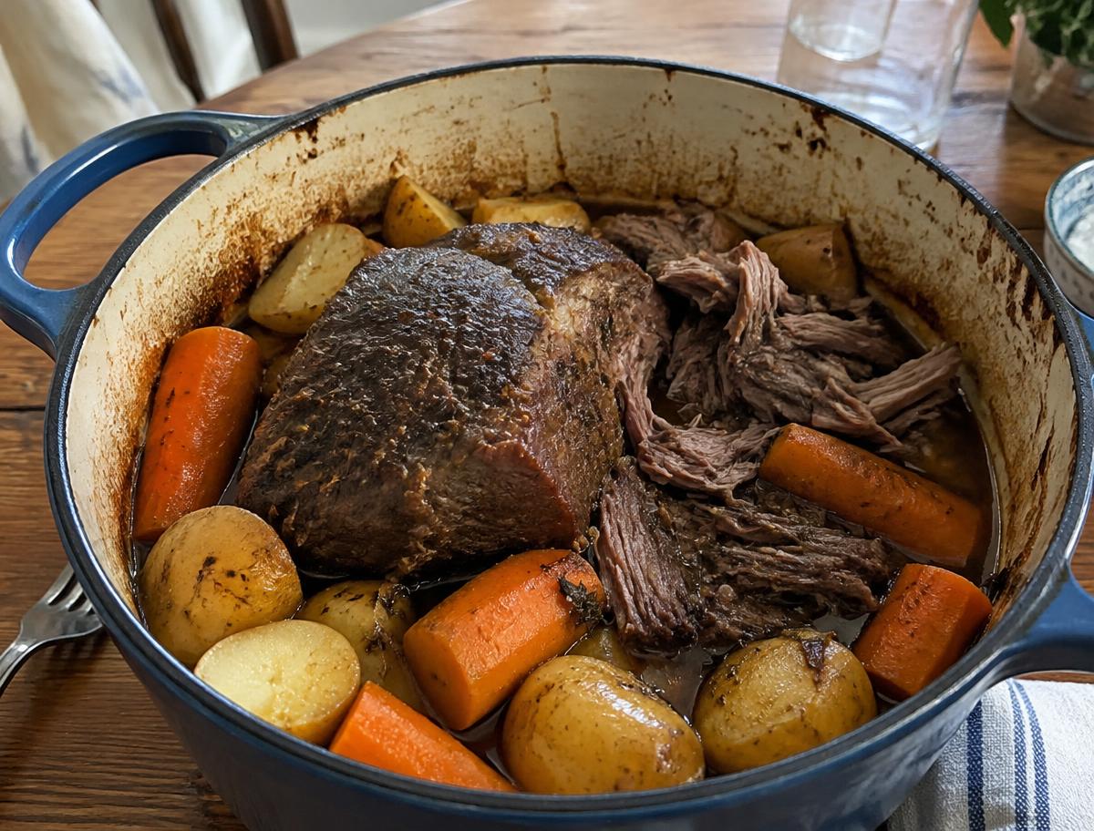 Chuck roast with carrots and potatoes in a Dutch oven