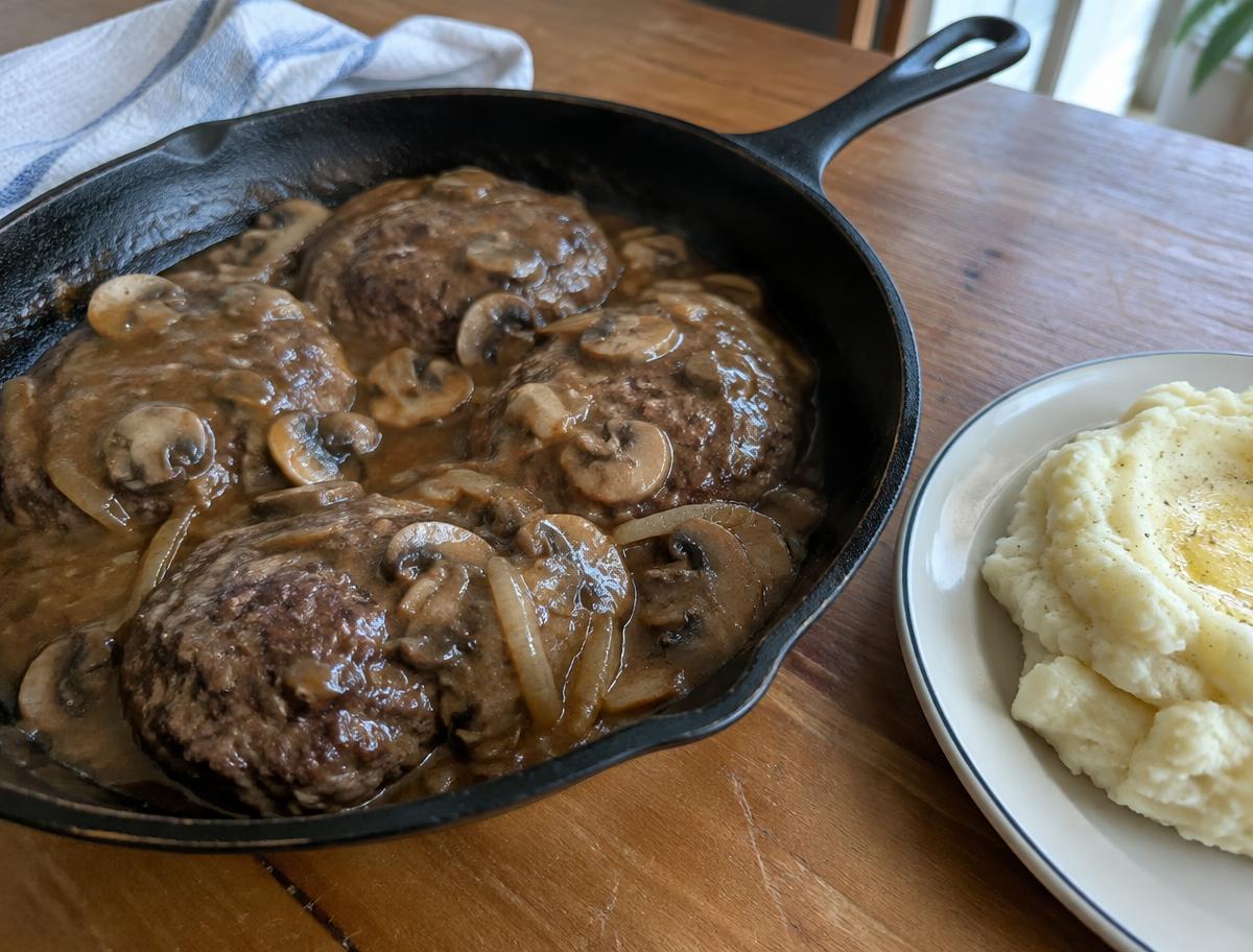Salisbury steak in onion gravy with mashed potatoes